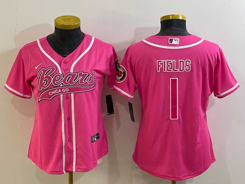 Womens Chicago Bears #1 Justin Fields Pink With Patch Cool Base Stitched Baseball Jersey